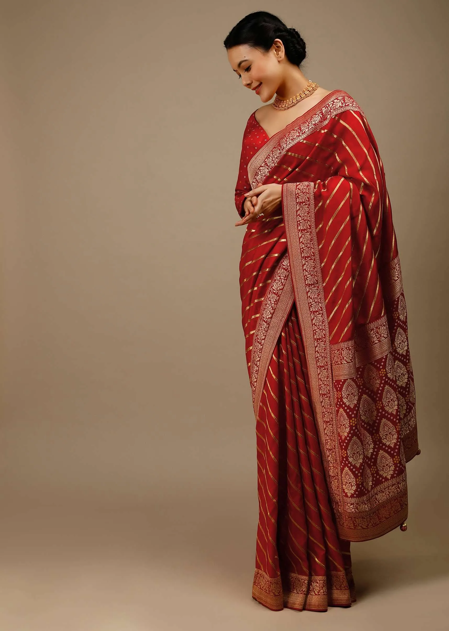 Apple Red Saree In Silk With Diagonal Stripes And Red Brocade Bandhani Pallu And Border Along With Unstitched Blouse