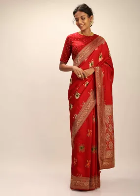 Apple Red Saree In Silk With Elephant And Bird Motifs And Brocade Bandhani Pallu And Border Along With Unstitched Blouse