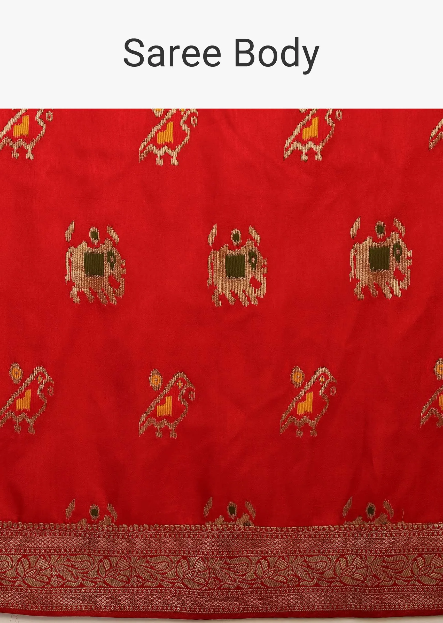 Apple Red Saree In Silk With Elephant And Bird Motifs And Brocade Bandhani Pallu And Border Along With Unstitched Blouse