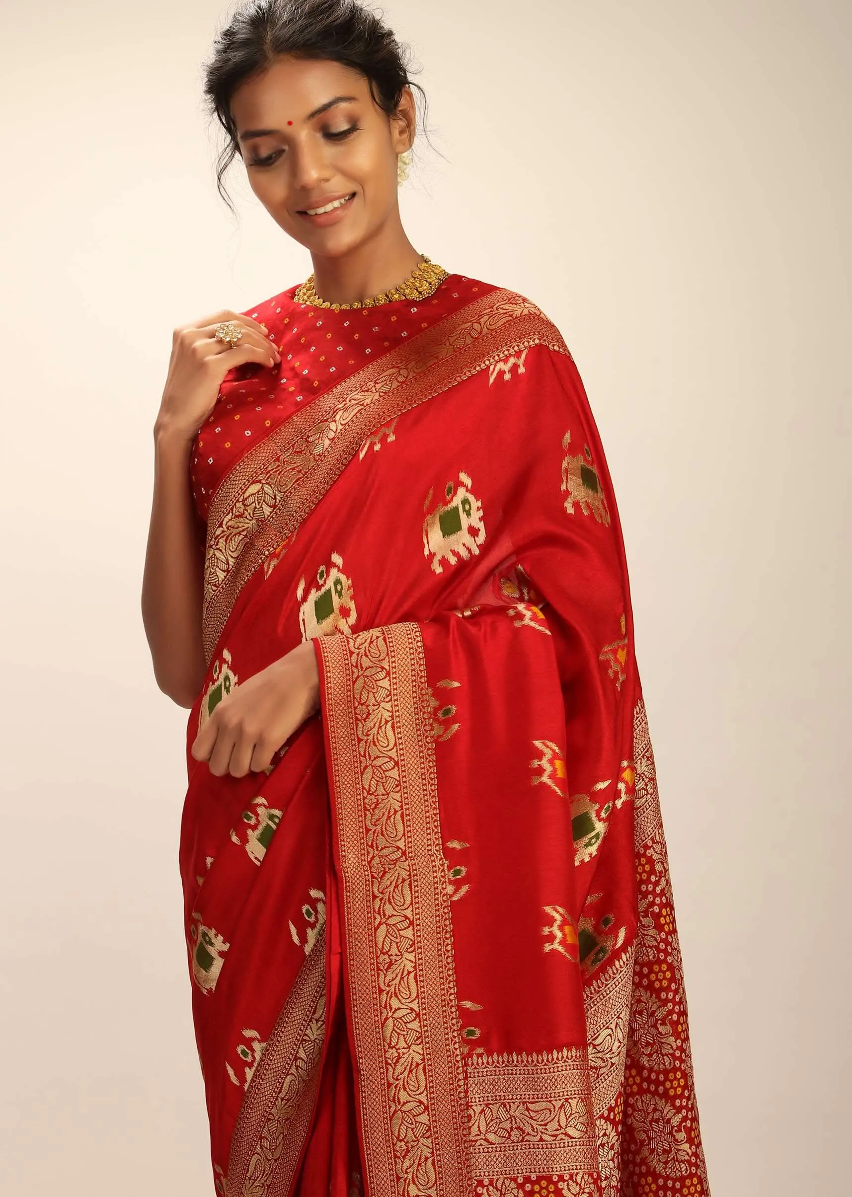 Apple Red Saree In Silk With Elephant And Bird Motifs And Brocade Bandhani Pallu And Border Along With Unstitched Blouse