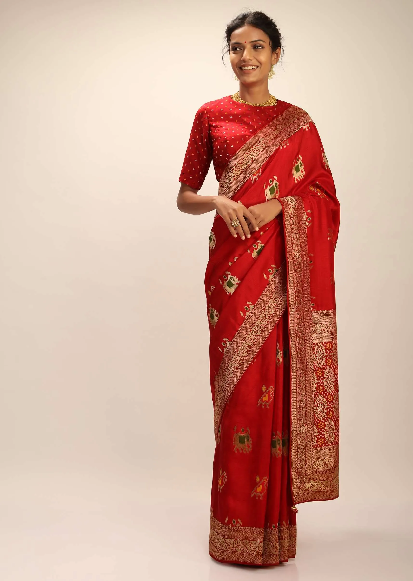 Apple Red Saree In Silk With Elephant And Bird Motifs And Brocade Bandhani Pallu And Border Along With Unstitched Blouse