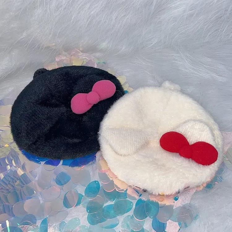 Black/White Kitty Ears Bowknot Beret