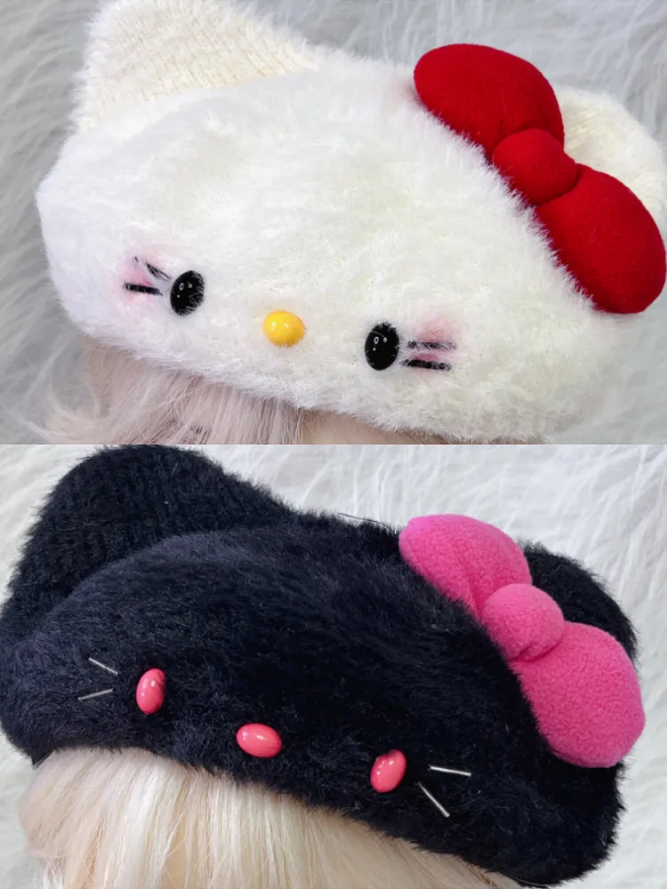 Black/White Kitty Ears Bowknot Beret
