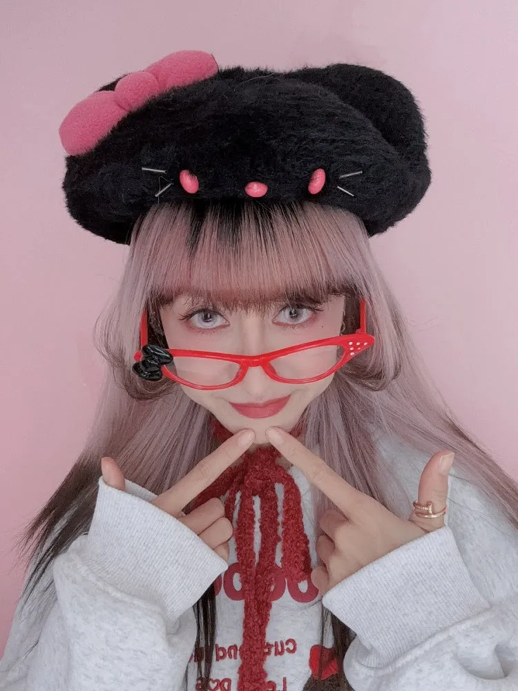 Black/White Kitty Ears Bowknot Beret