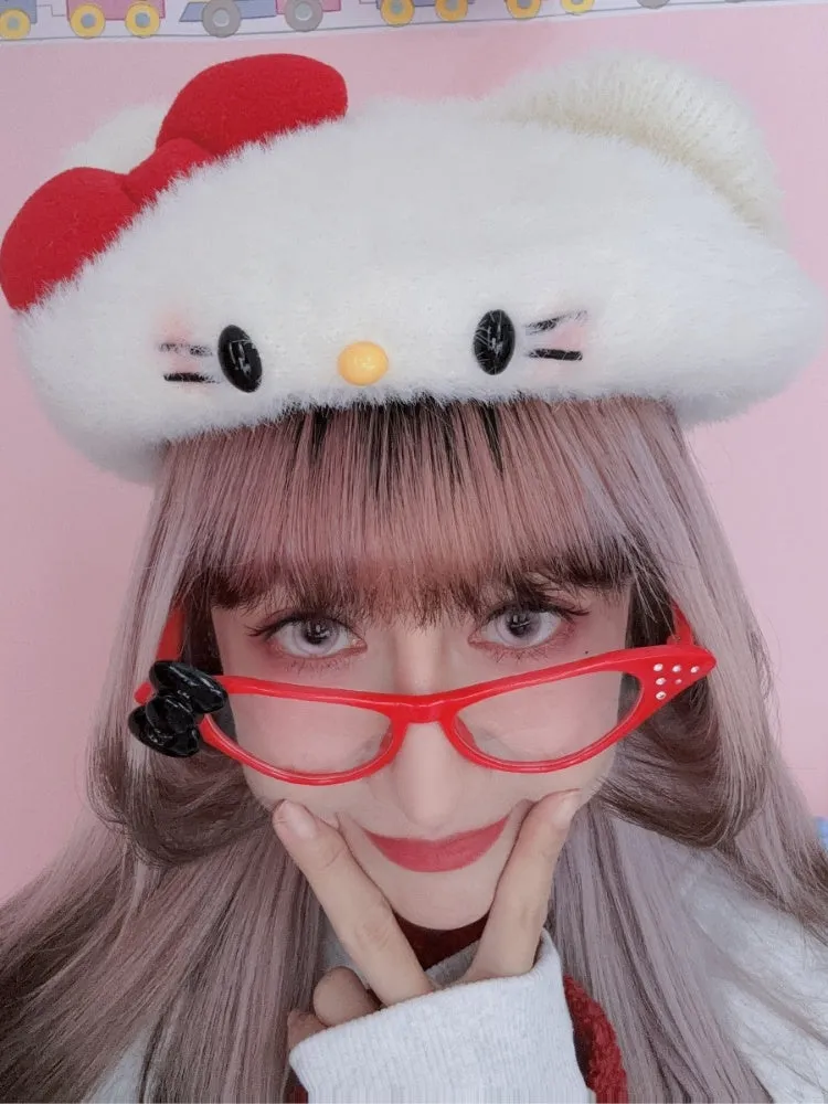 Black/White Kitty Ears Bowknot Beret