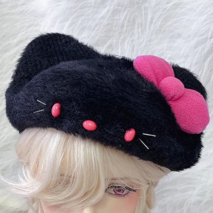 Black/White Kitty Ears Bowknot Beret