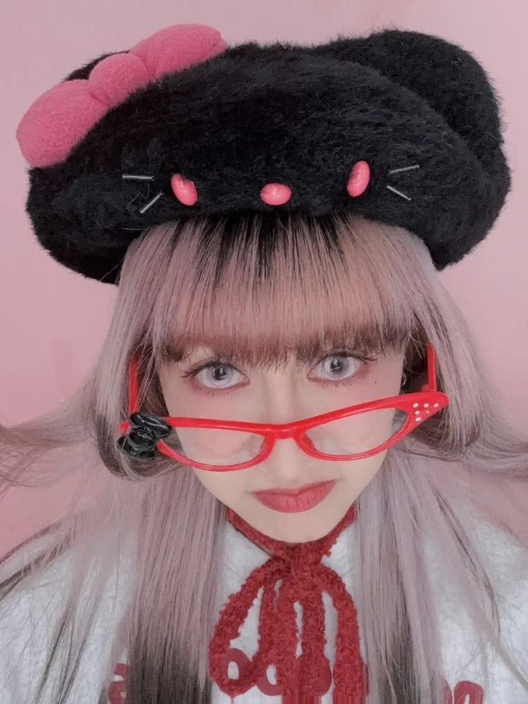 Black/White Kitty Ears Bowknot Beret
