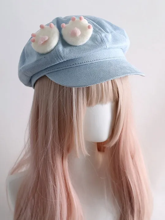 Blue Jirai Kei Lace Trim Beret With Detachable Cat Ear And Paw Hairband