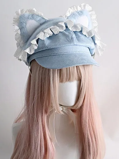 Blue Jirai Kei Lace Trim Beret With Detachable Cat Ear And Paw Hairband