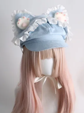 Blue Jirai Kei Lace Trim Beret With Detachable Cat Ear And Paw Hairband