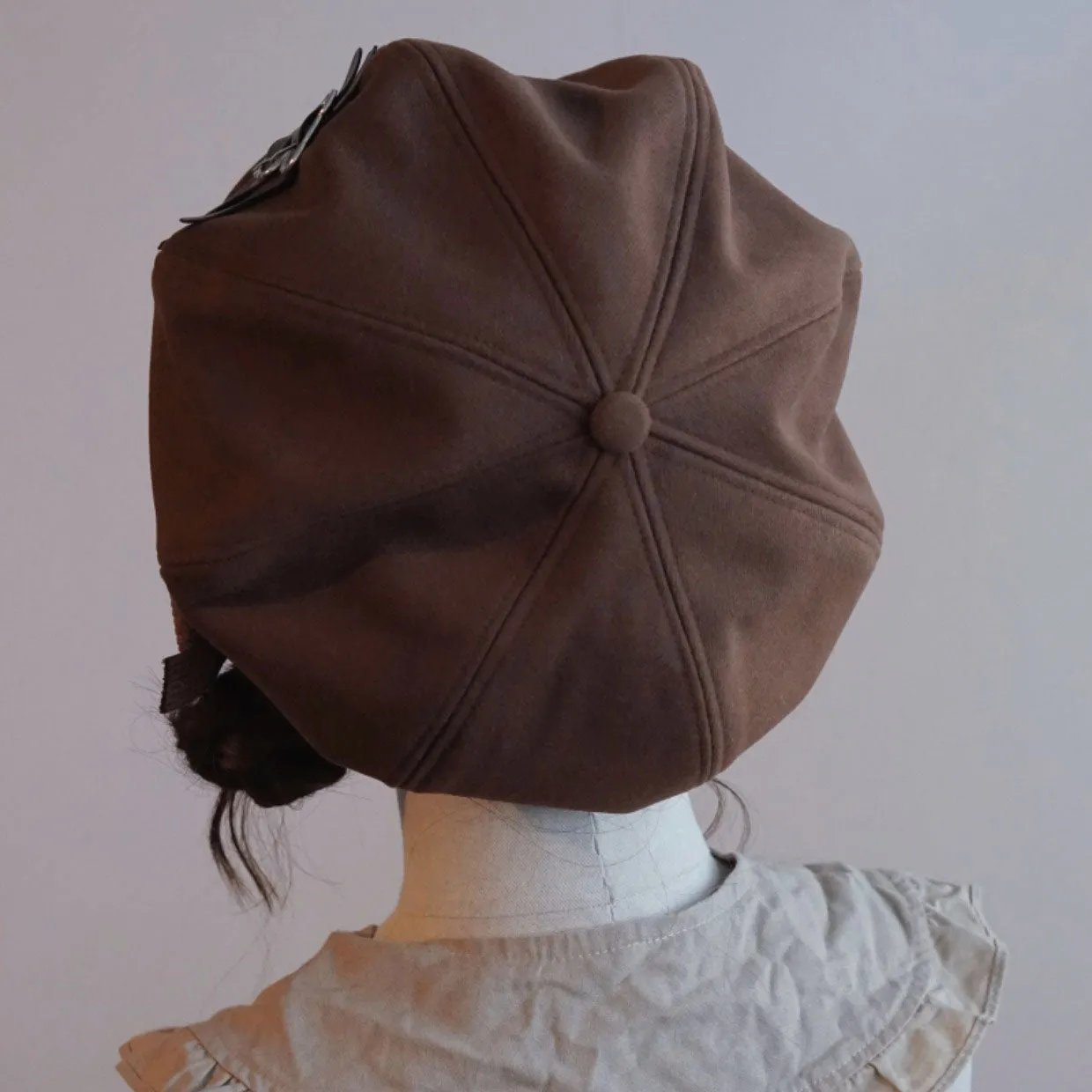 Brown Leather Buckle Beret