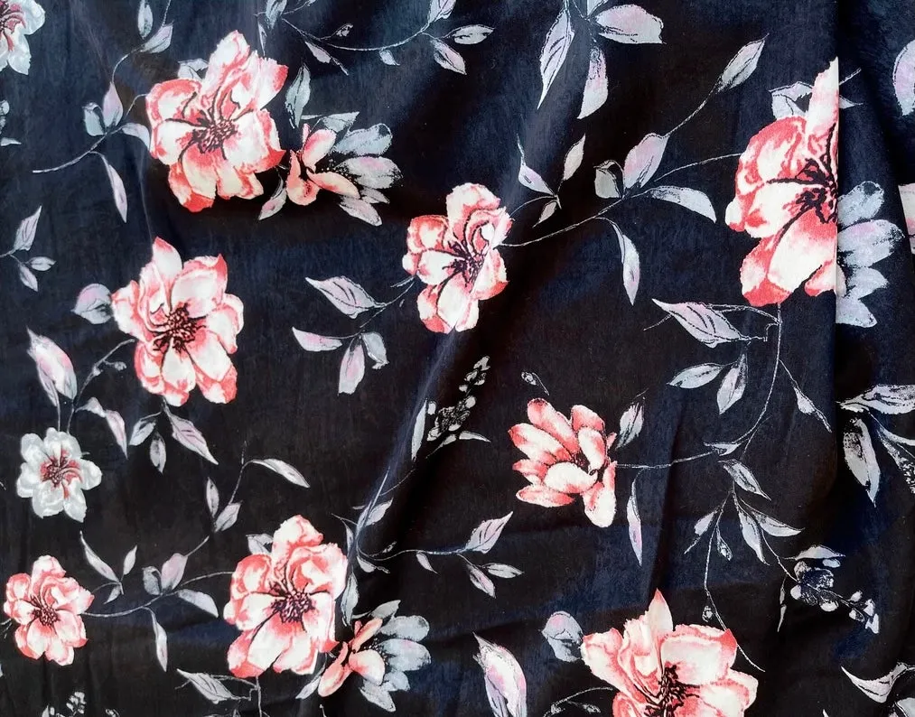 Brushed Satin fabric by the yard - Red gray  roses on black
