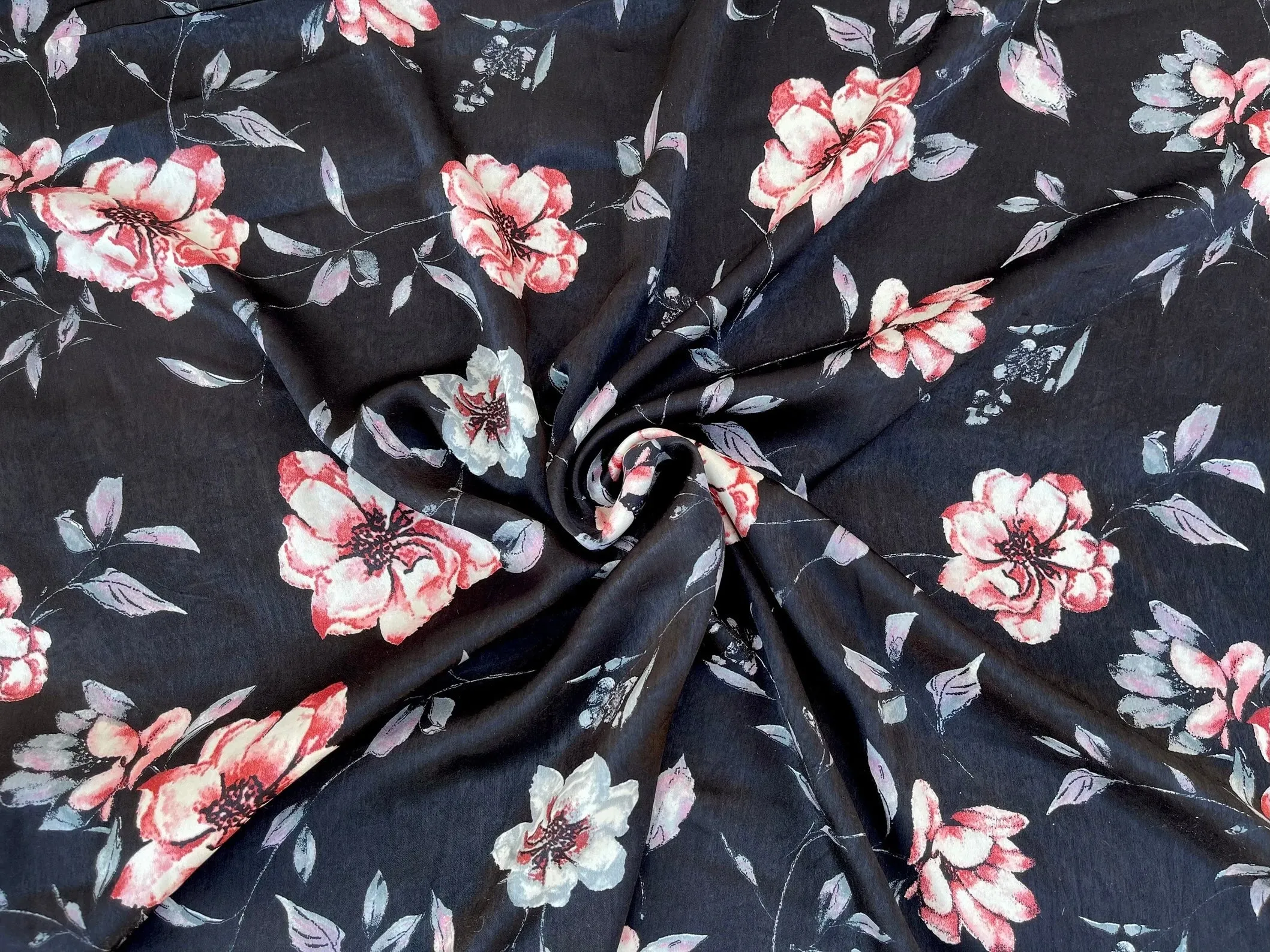 Brushed Satin fabric by the yard - Red gray  roses on black