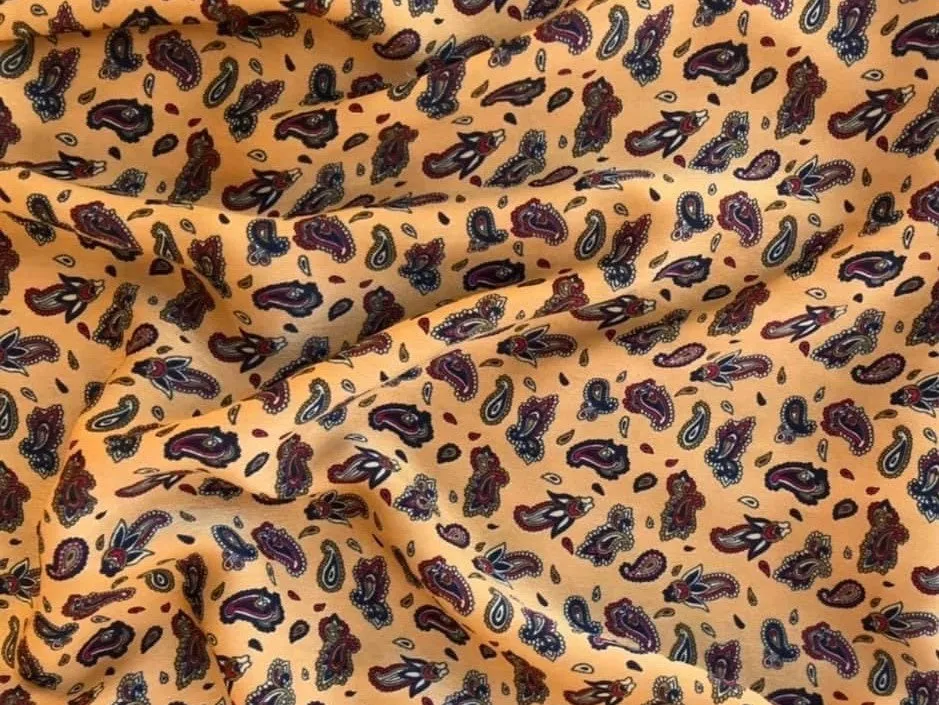 Brushed Satin fabric by the yard - Red yellow blue dainty paisley