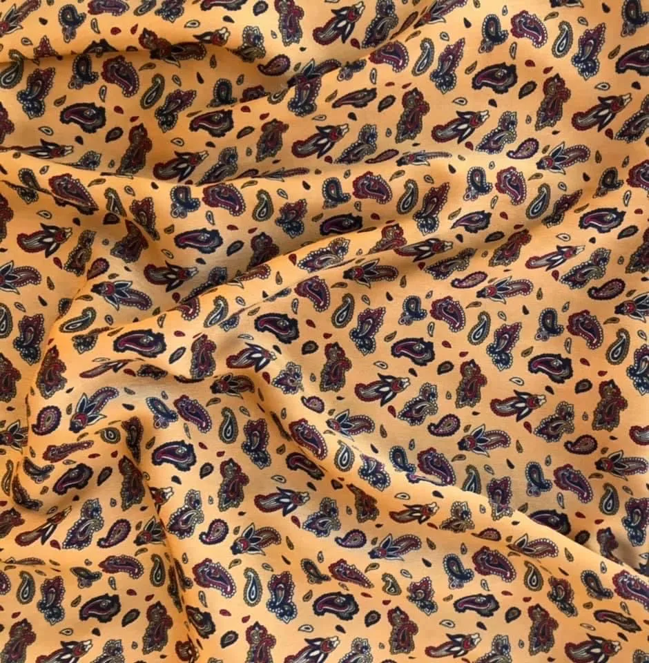 Brushed Satin fabric by the yard - Red yellow blue dainty paisley