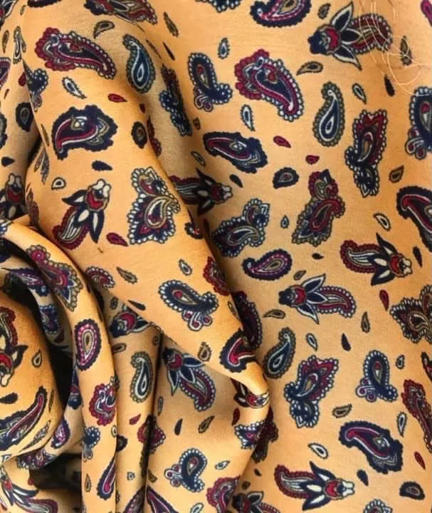 Brushed Satin fabric by the yard - Red yellow blue dainty paisley