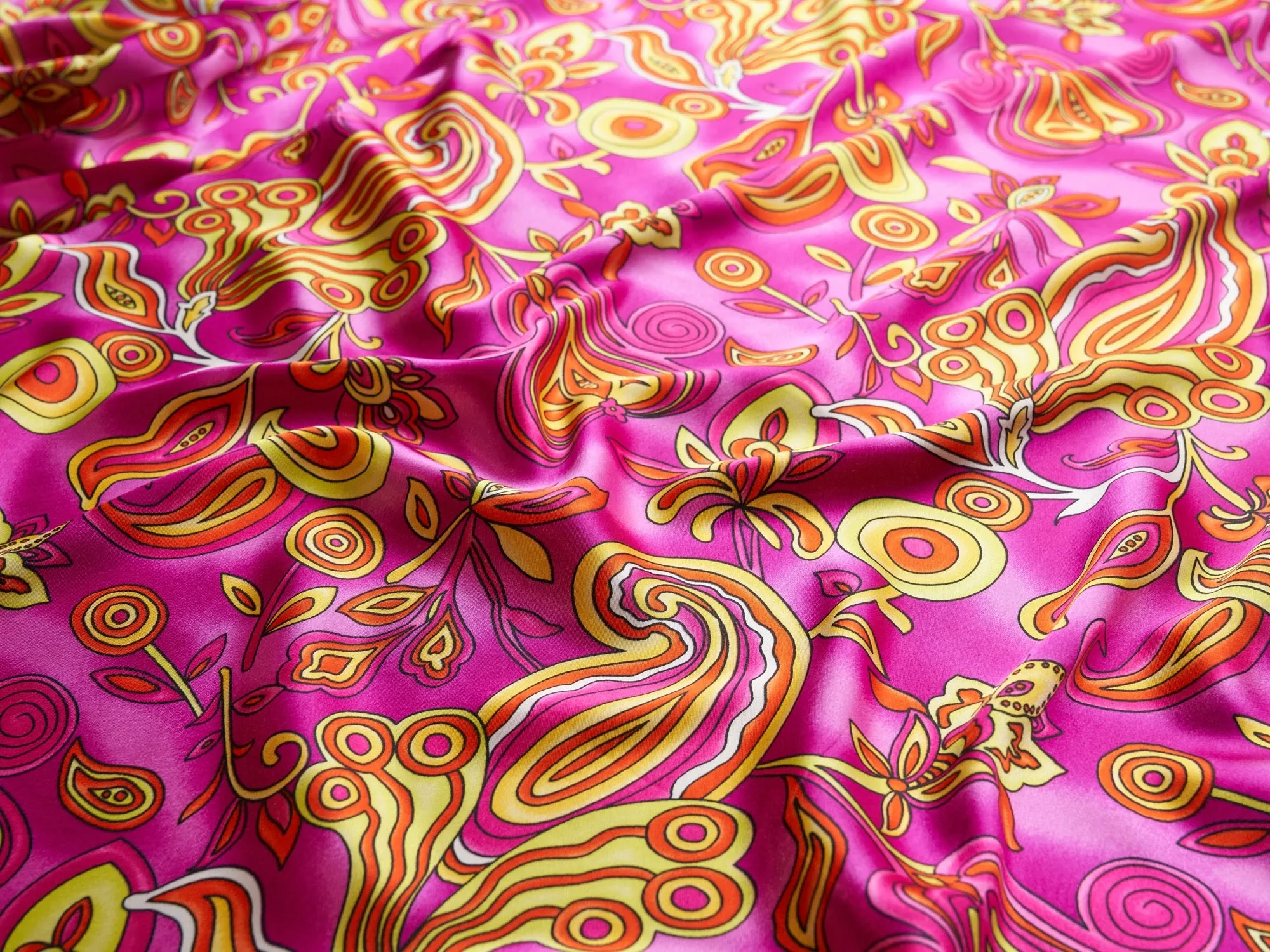 Charmeuse satin fabric by the yard  -  Hot pink yellow red paisley