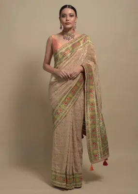 Cream Beige Saree In Georgette With Bandani Print And Beautiful Multi Color Floral Brocade Border Online Kalki Fashion