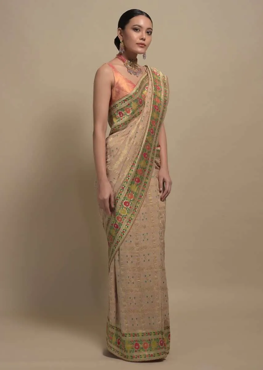 Cream Beige Saree In Georgette With Bandani Print And Beautiful Multi Color Floral Brocade Border Online Kalki Fashion