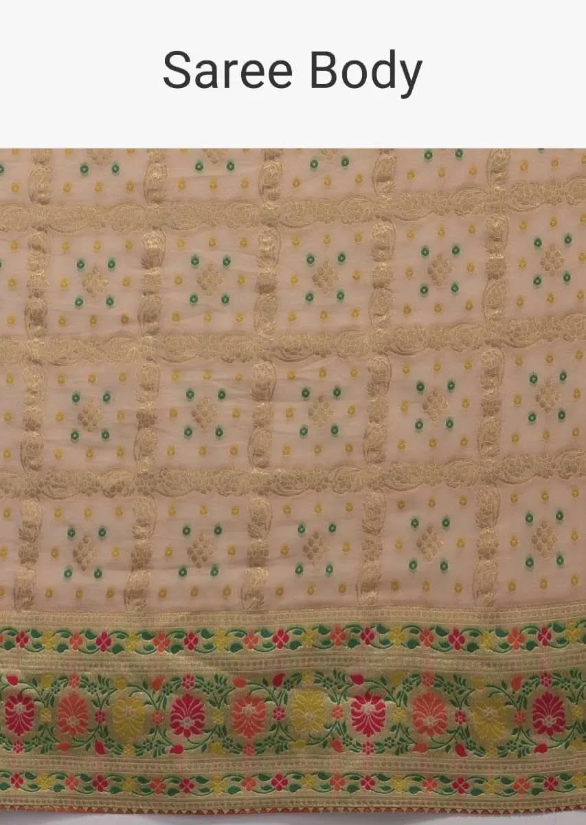 Cream Beige Saree In Georgette With Bandani Print And Beautiful Multi Color Floral Brocade Border Online Kalki Fashion