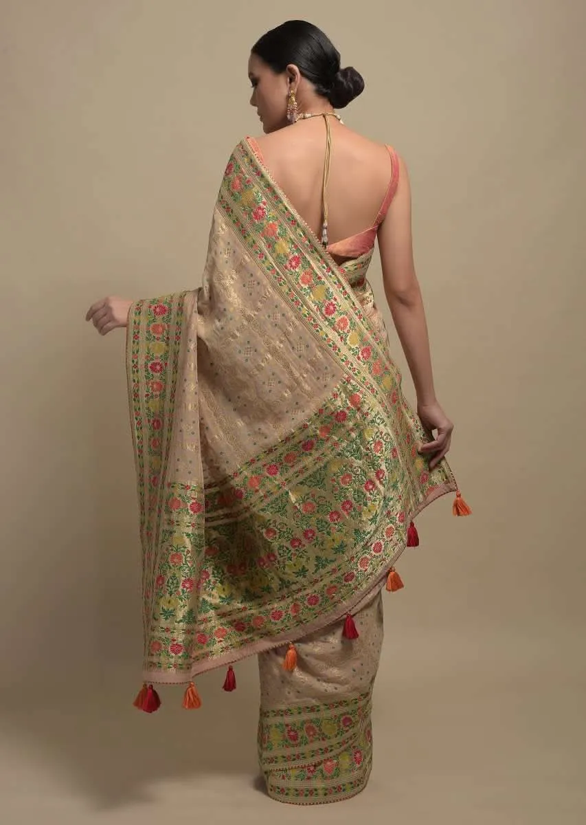 Cream Beige Saree In Georgette With Bandani Print And Beautiful Multi Color Floral Brocade Border Online Kalki Fashion