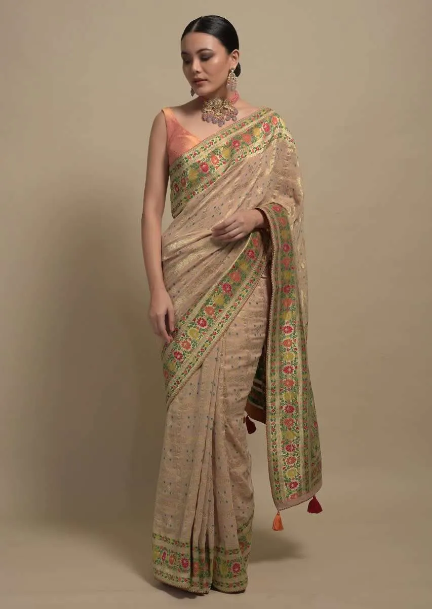 Cream Beige Saree In Georgette With Bandani Print And Beautiful Multi Color Floral Brocade Border Online Kalki Fashion