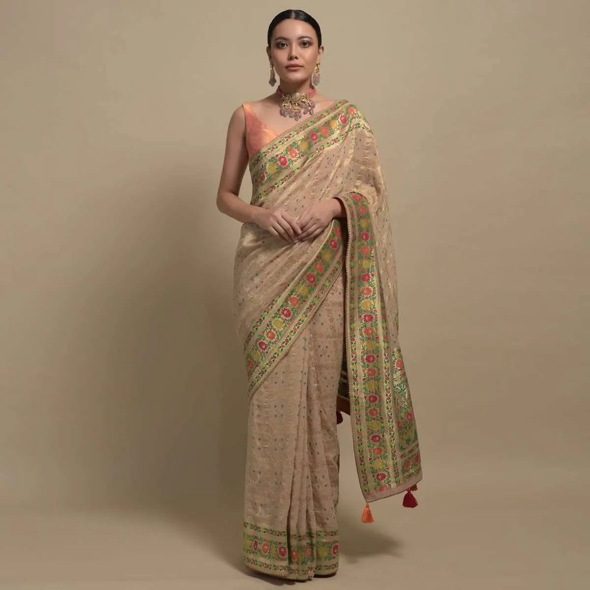 Cream Beige Saree In Georgette With Bandani Print And Beautiful Multi Color Floral Brocade Border Online Kalki Fashion