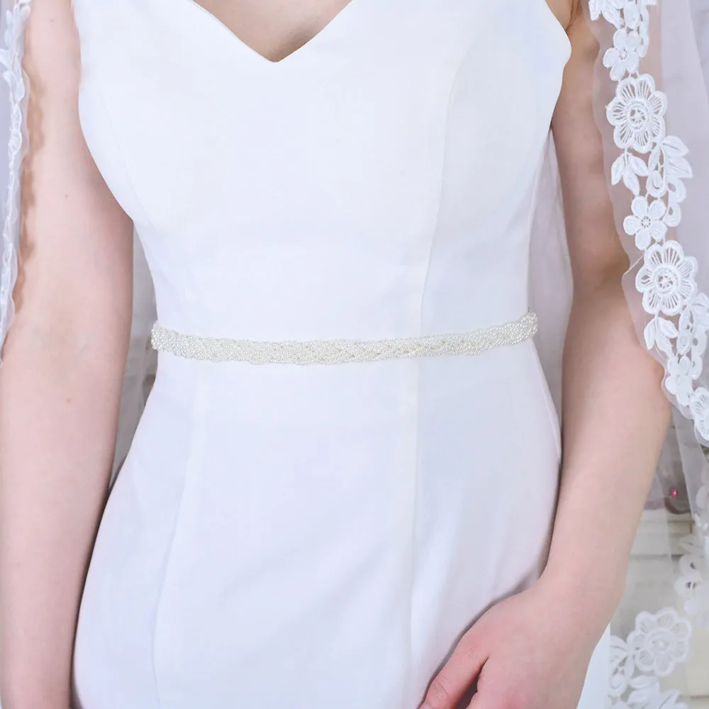 Delicate pearls satin bridal sash