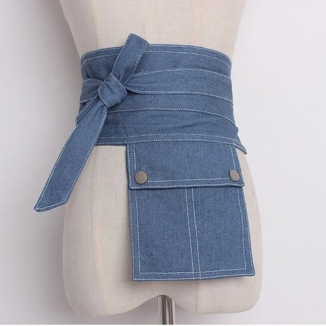 [EAM] 2020 New Summer Fashion Tide Light Blue Denim Patchwork Pockets Bow Adjustable Waist Woman All-match Belt S828