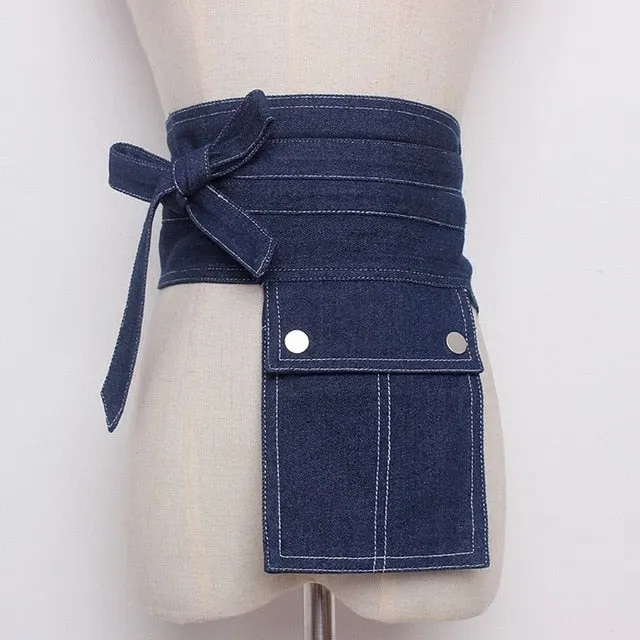 [EAM] 2020 New Summer Fashion Tide Light Blue Denim Patchwork Pockets Bow Adjustable Waist Woman All-match Belt S828