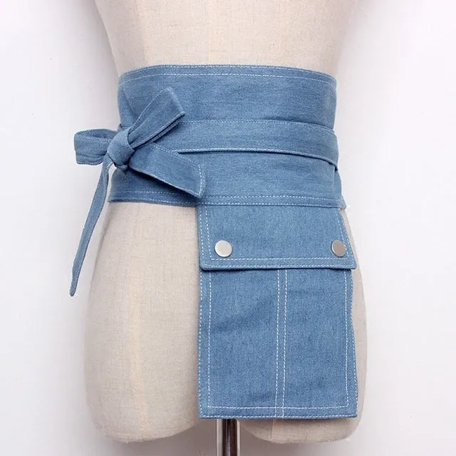 [EAM] 2020 New Summer Fashion Tide Light Blue Denim Patchwork Pockets Bow Adjustable Waist Woman All-match Belt S828
