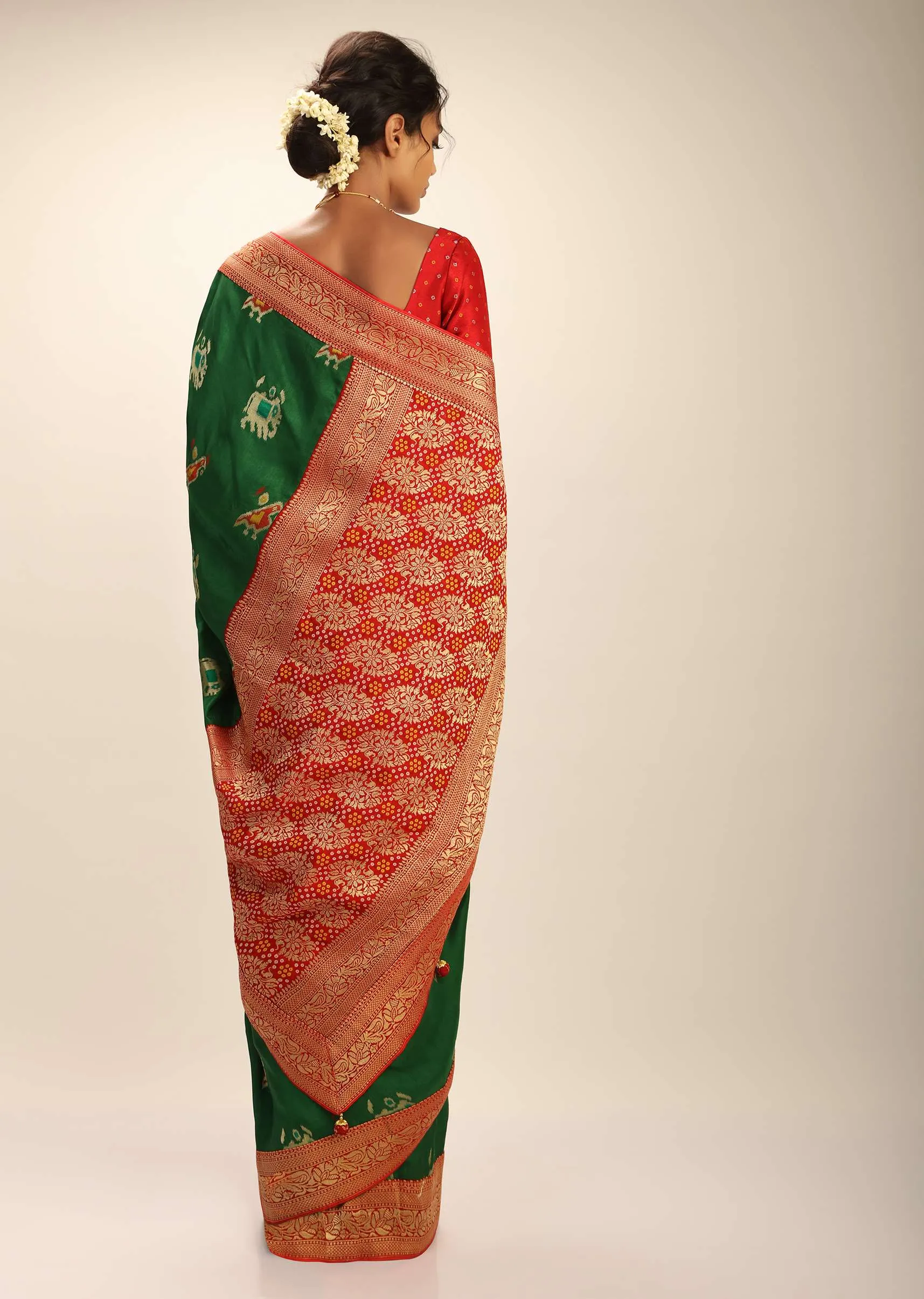 Forest Green Saree In Silk With Elephant And Bird Motifs And Red Brocade Bandhani Pallu And Border Along With Unstitched Blouse