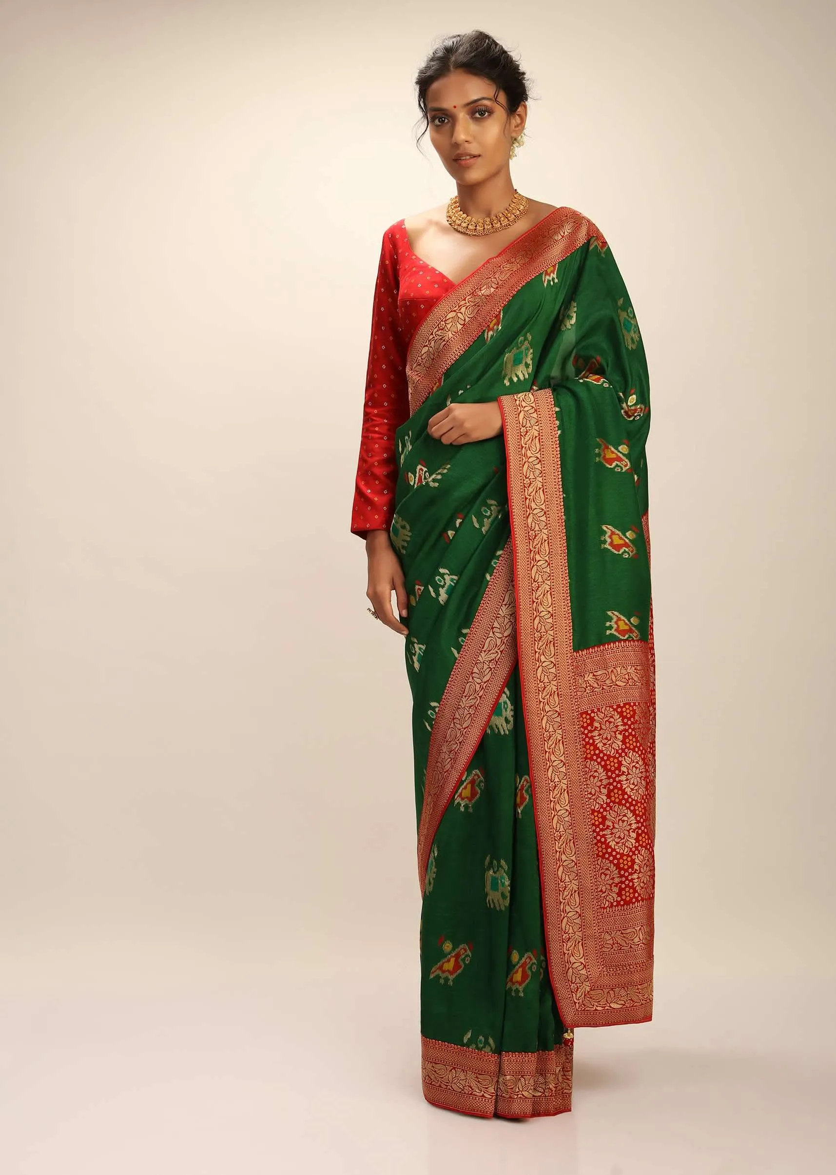 Forest Green Saree In Silk With Elephant And Bird Motifs And Red Brocade Bandhani Pallu And Border Along With Unstitched Blouse