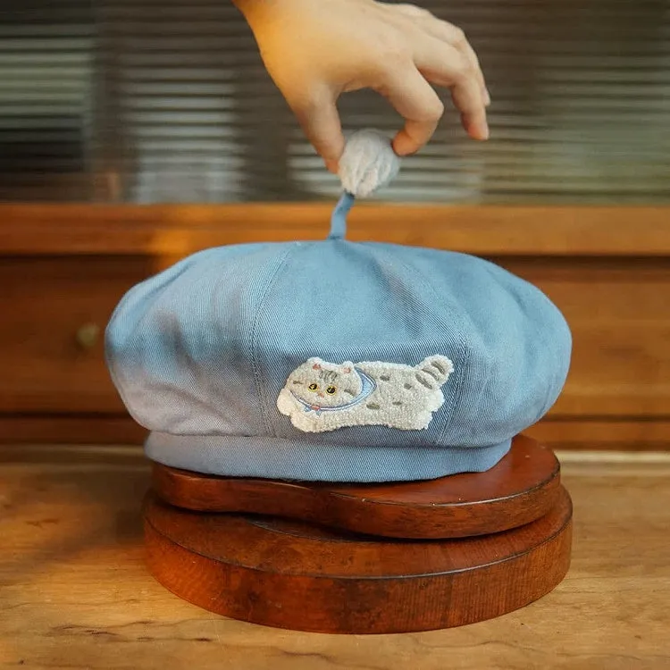 Light Blue/Dark Blue Cute Kitty Beret