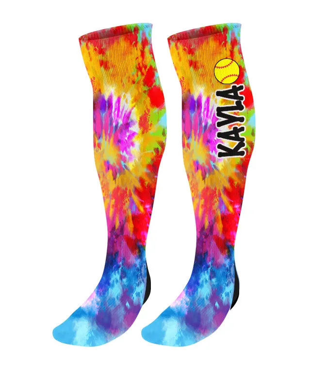 Personalized Tie Dye Softball Knee High Socks with Name