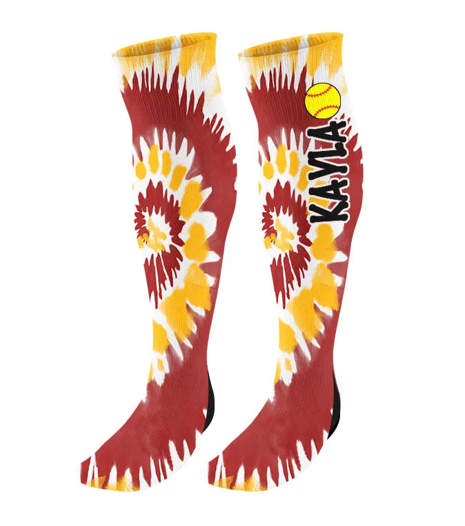 Personalized Tie Dye Softball Knee High Socks with Name
