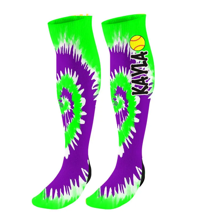 Personalized Tie Dye Softball Knee High Socks with Name