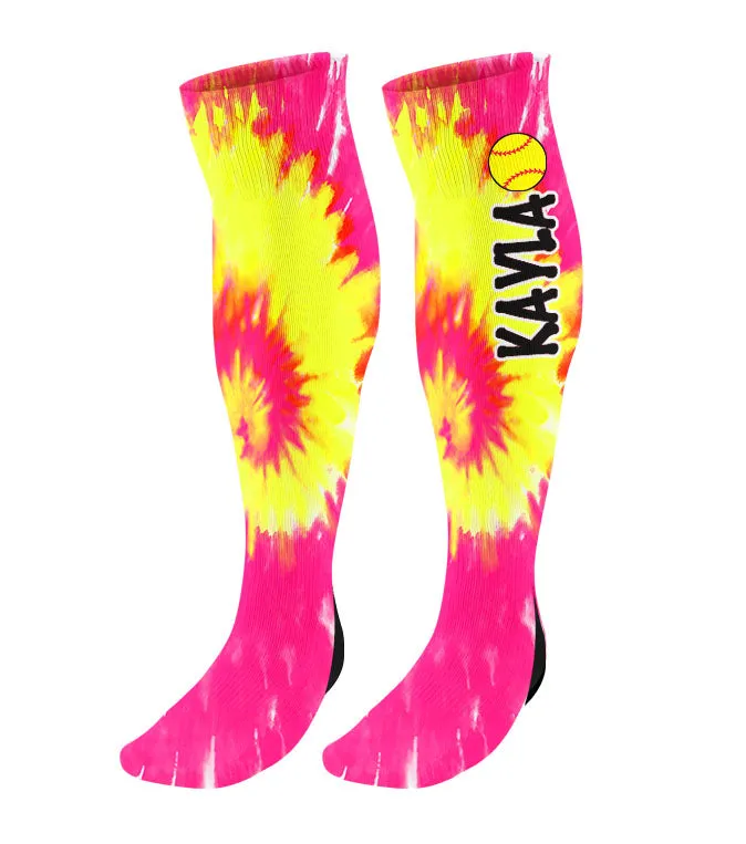 Personalized Tie Dye Softball Knee High Socks with Name