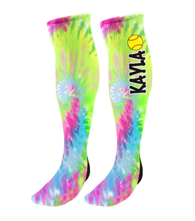 Personalized Tie Dye Softball Knee High Socks with Name
