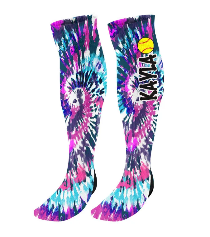 Personalized Tie Dye Softball Knee High Socks with Name