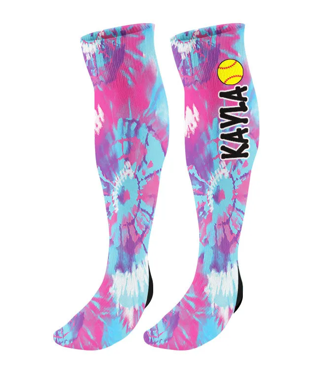 Personalized Tie Dye Softball Knee High Socks with Name