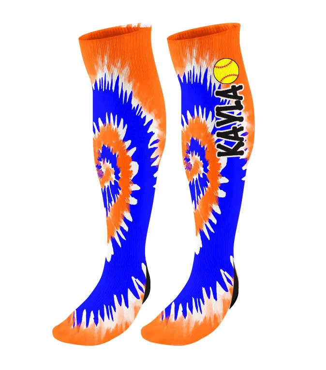Personalized Tie Dye Softball Knee High Socks with Name