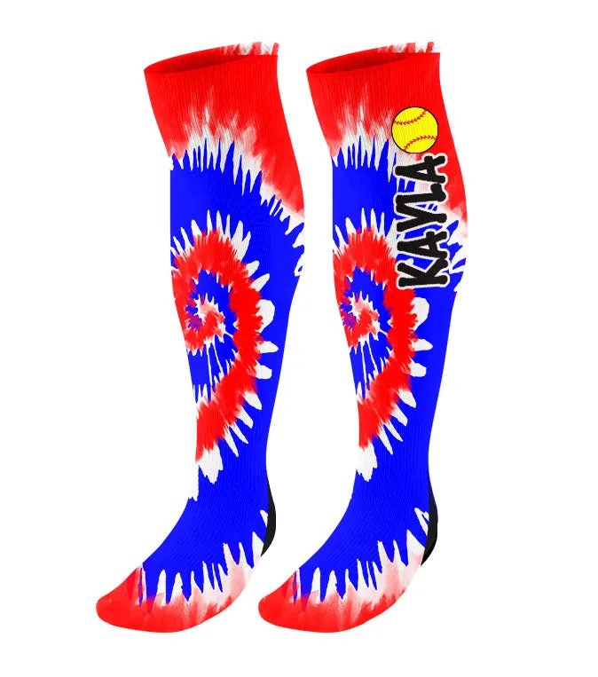 Personalized Tie Dye Softball Knee High Socks with Name