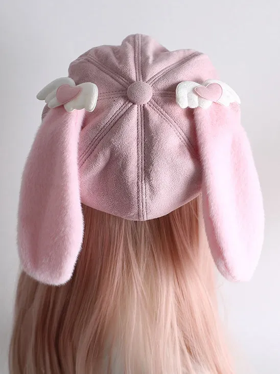 Pink Sweet Heart Wing Beret With Detachable Bunny Ears