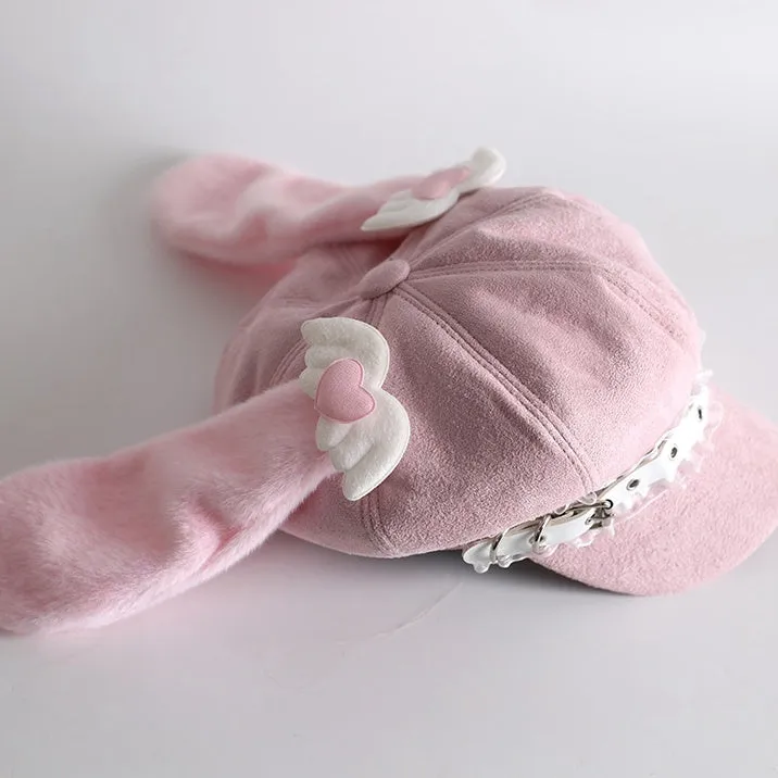 Pink Sweet Heart Wing Beret With Detachable Bunny Ears