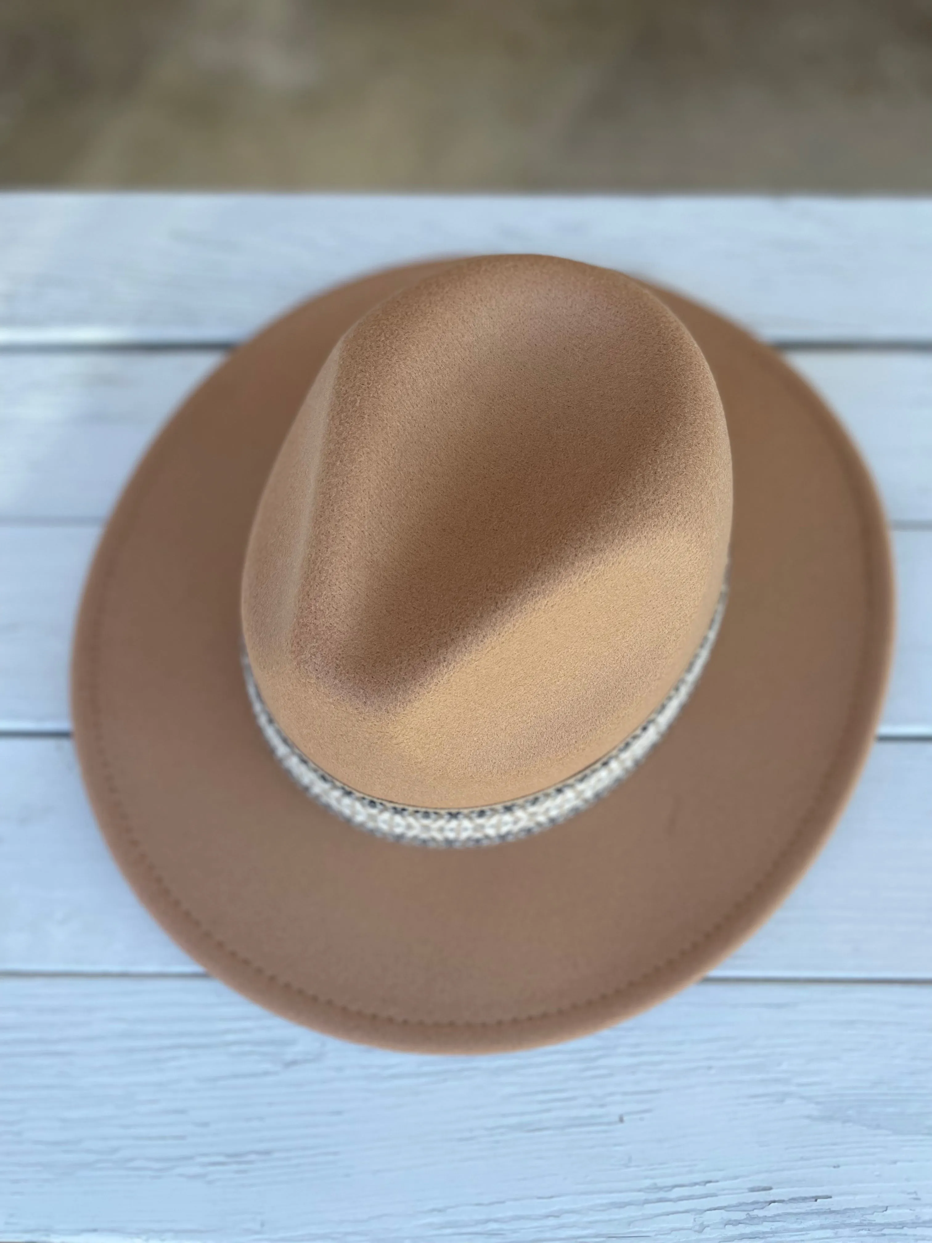 Tan Fedora Hat w/Boho Design Band and Adjustability
