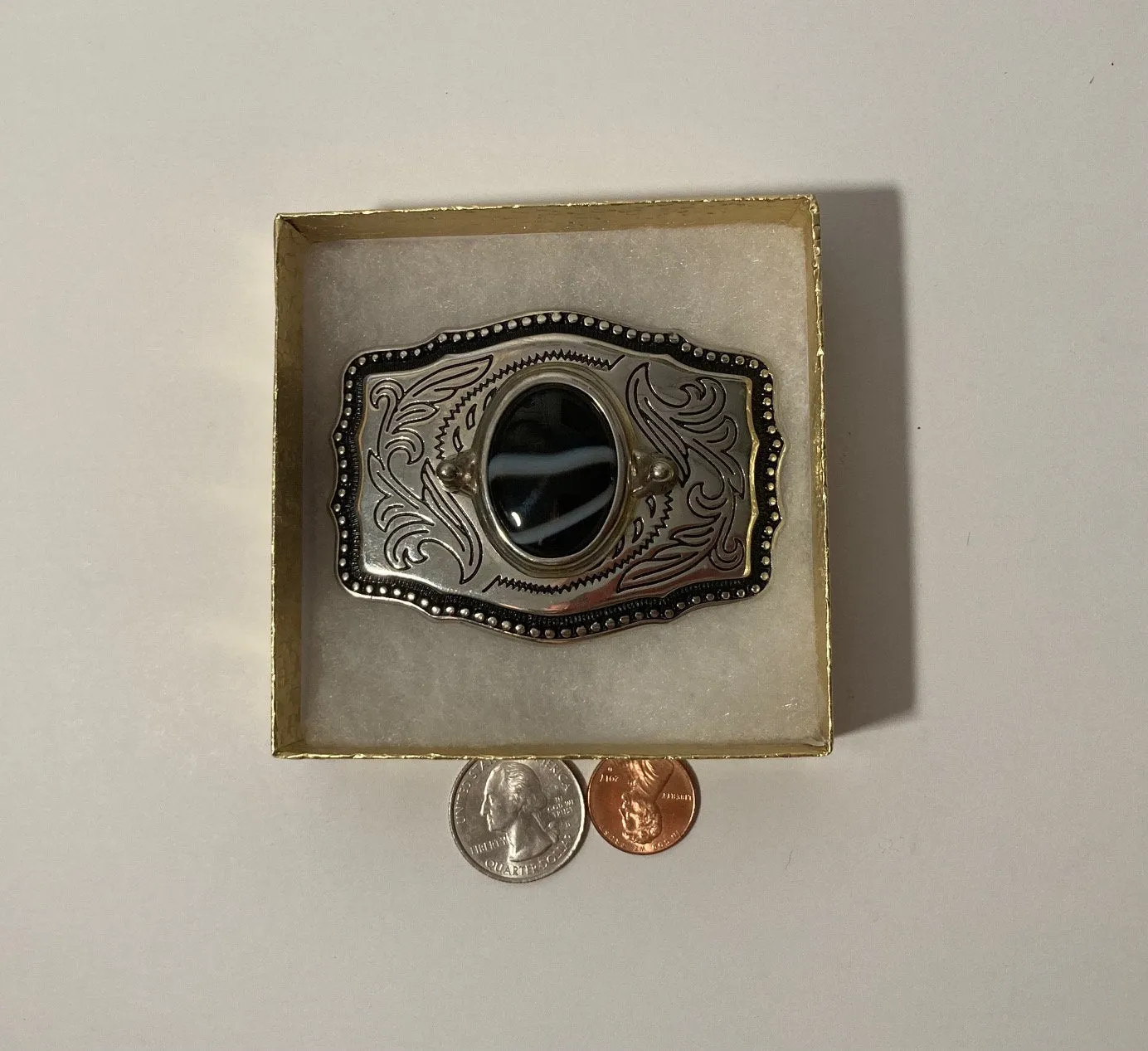 Vintage Metal Belt Buckle, Nice Black and White Striped Stone Design, Nice Western Design, 3 1/4" x 2 1/4", Heavy Duty, Quality