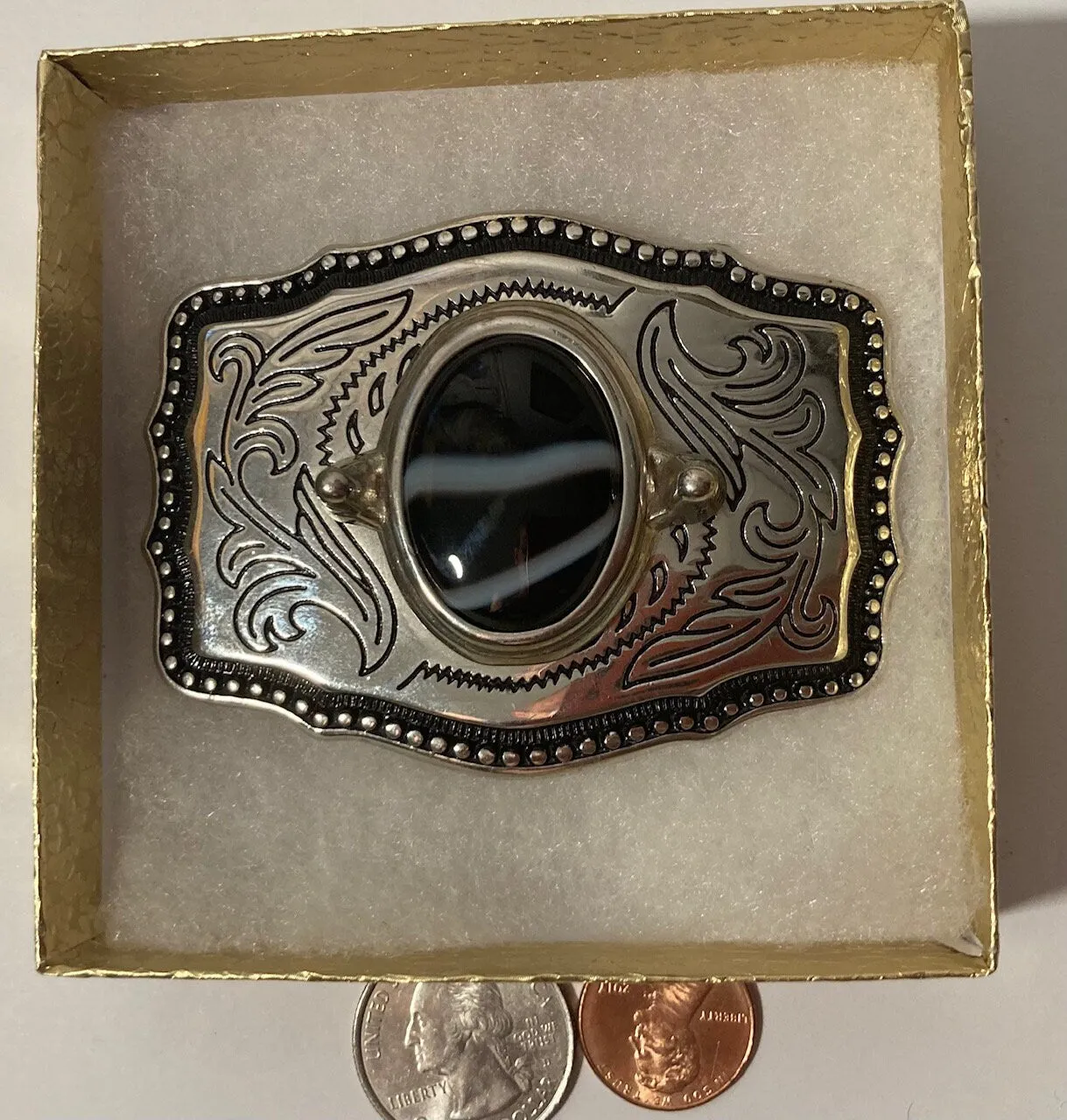 Vintage Metal Belt Buckle, Nice Black and White Striped Stone Design, Nice Western Design, 3 1/4" x 2 1/4", Heavy Duty, Quality