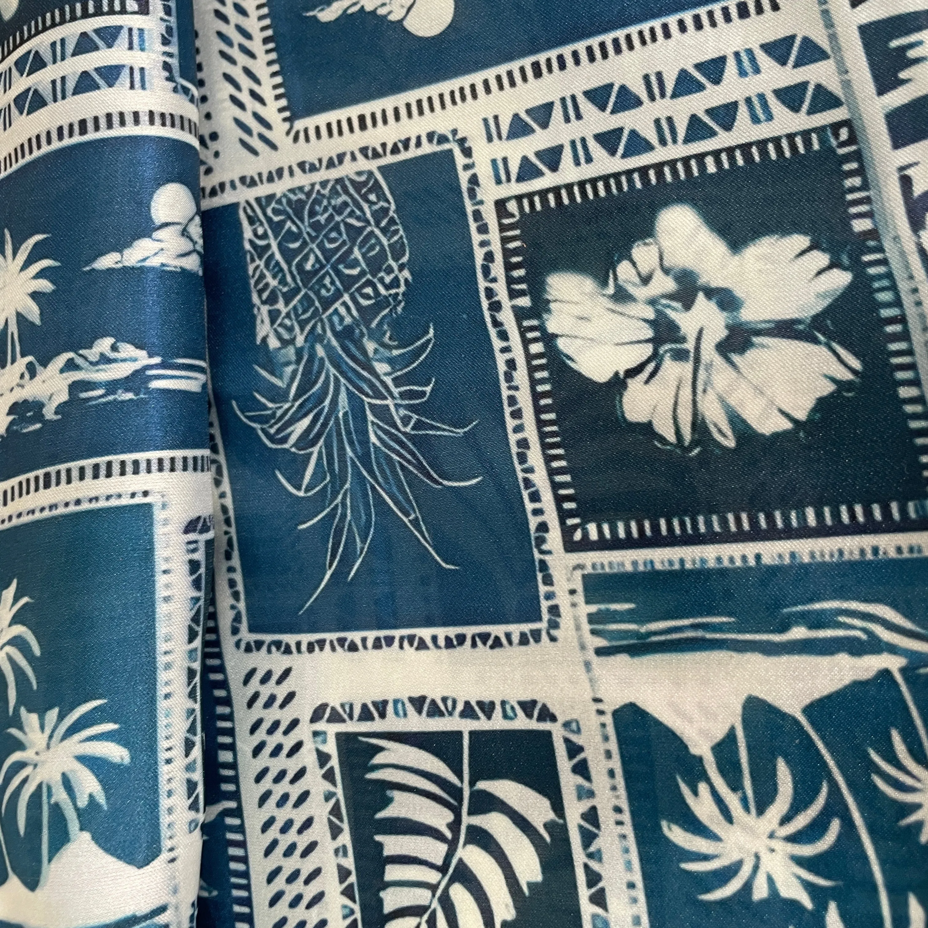 White Blue Check Box Print Satin Georgette