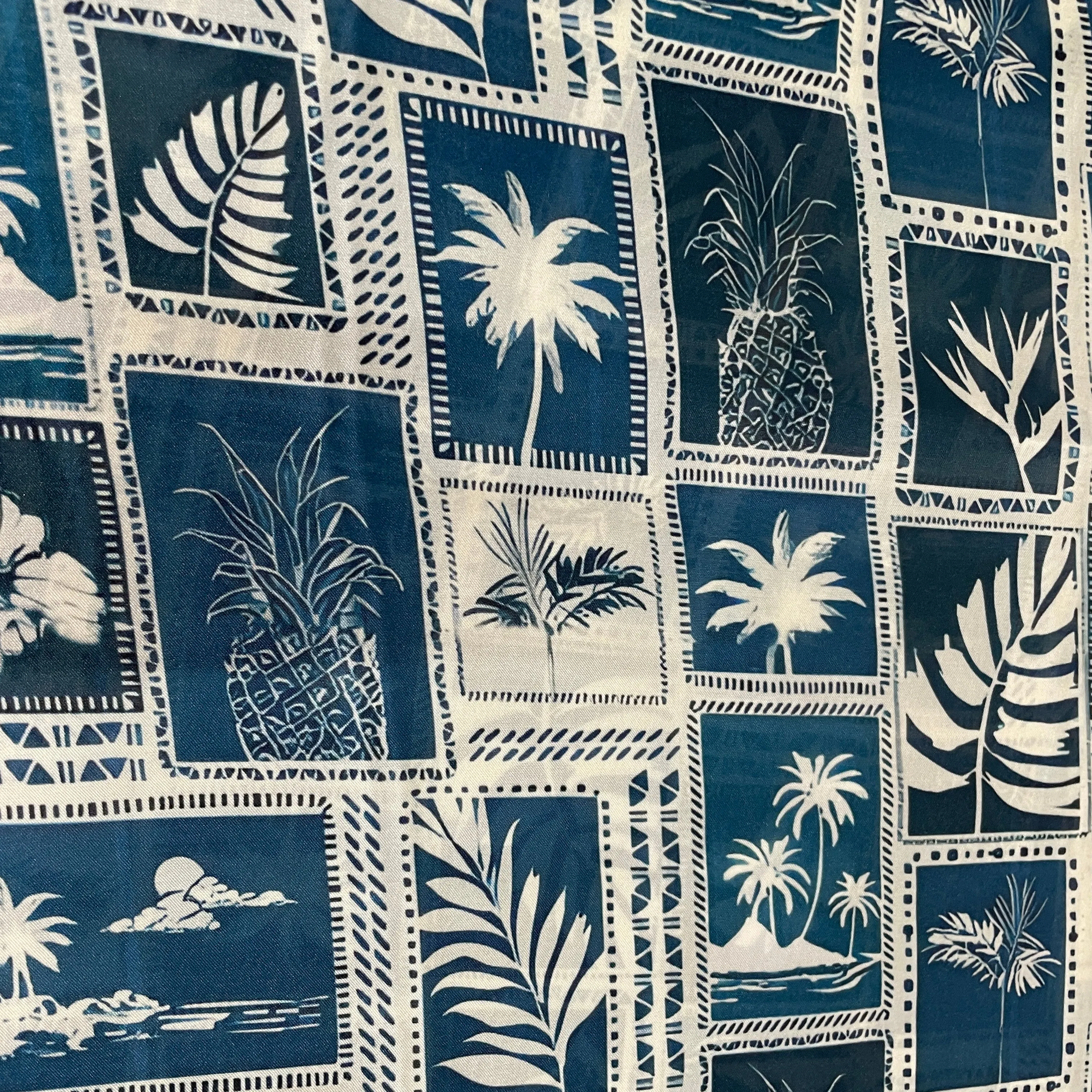 White Blue Check Box Print Satin Georgette